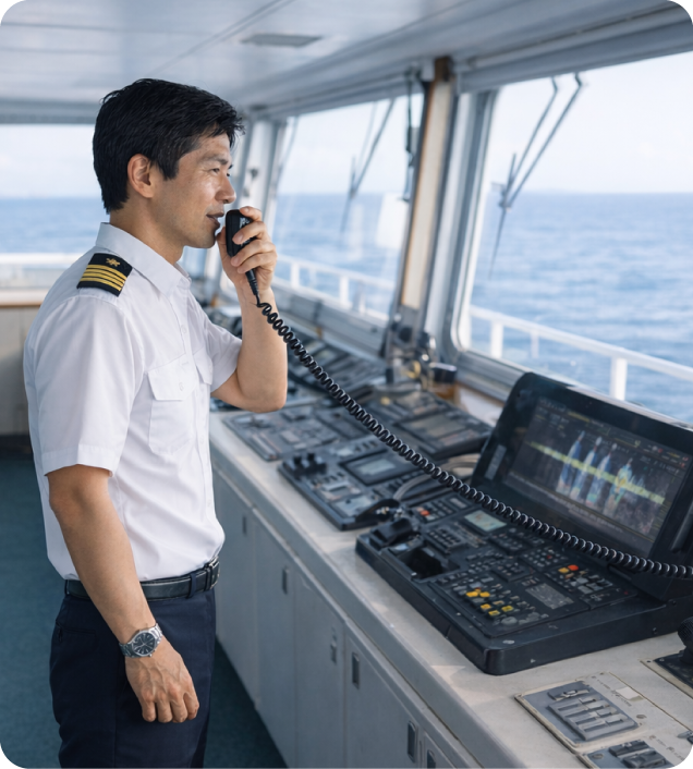 船員が周囲を見渡している様子